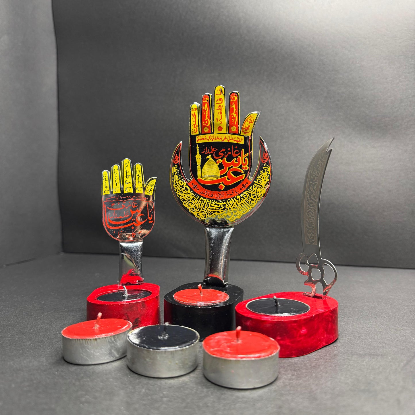 3Pc Panjtan Pak & Zulfikar Sword Candle Stand Set With 6 Tea Lights Candles
