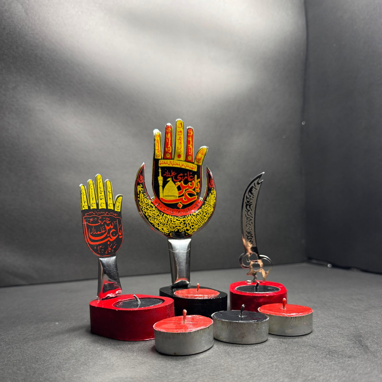 3Pc Panjtan Pak & Zulfikar Sword Candle Stand Set With 6 Tea Lights Candles