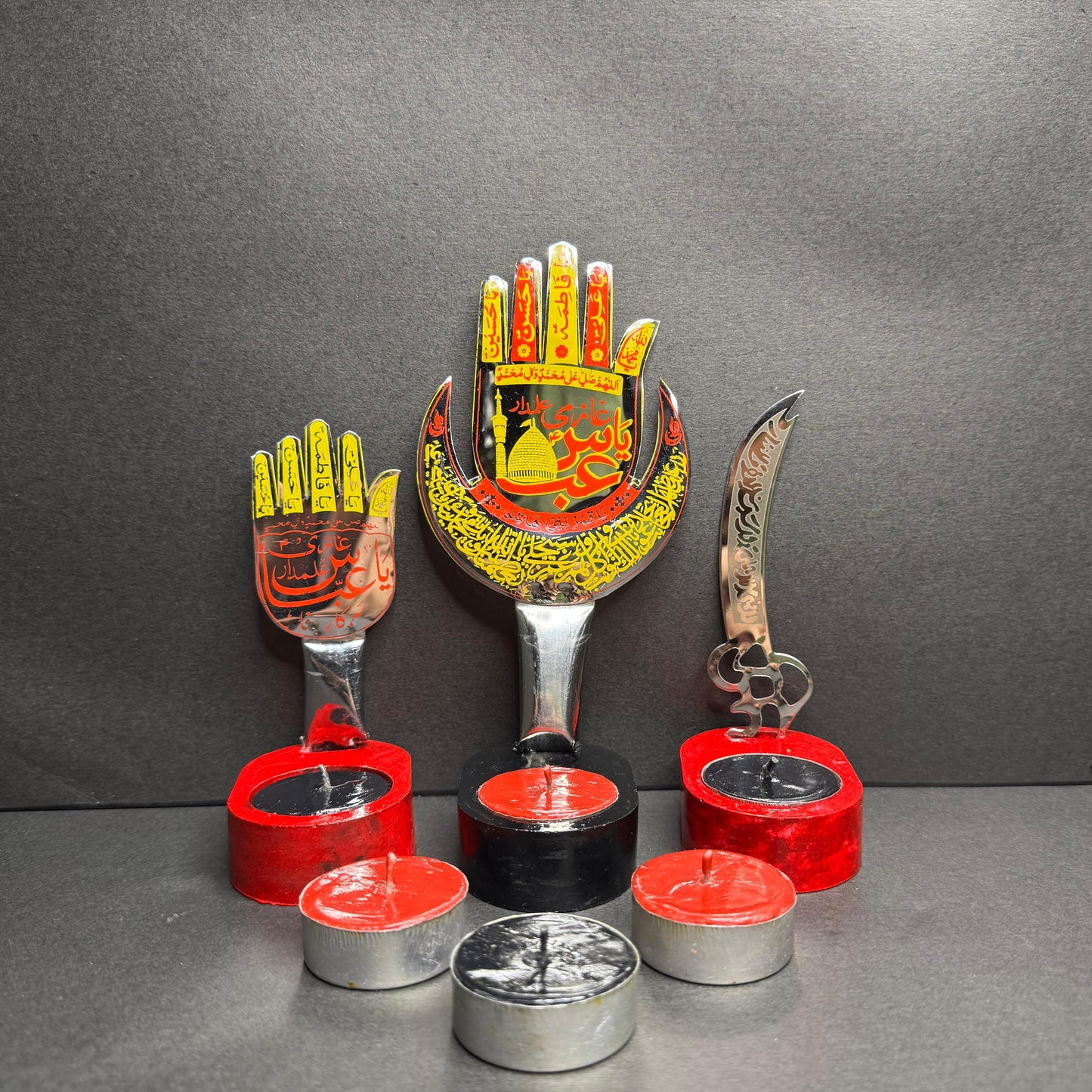 3Pc Panjtan Pak & Zulfikar Sword Candle Stand Set With 6 Tea Lights Candles