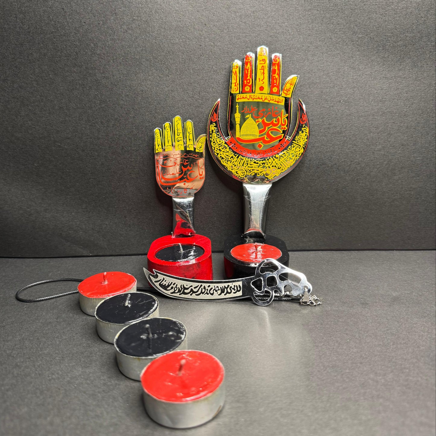 2Pc Set Panjtan Pak Candle Stand Set With Zulfikar Pendant & 6 Tea Lights