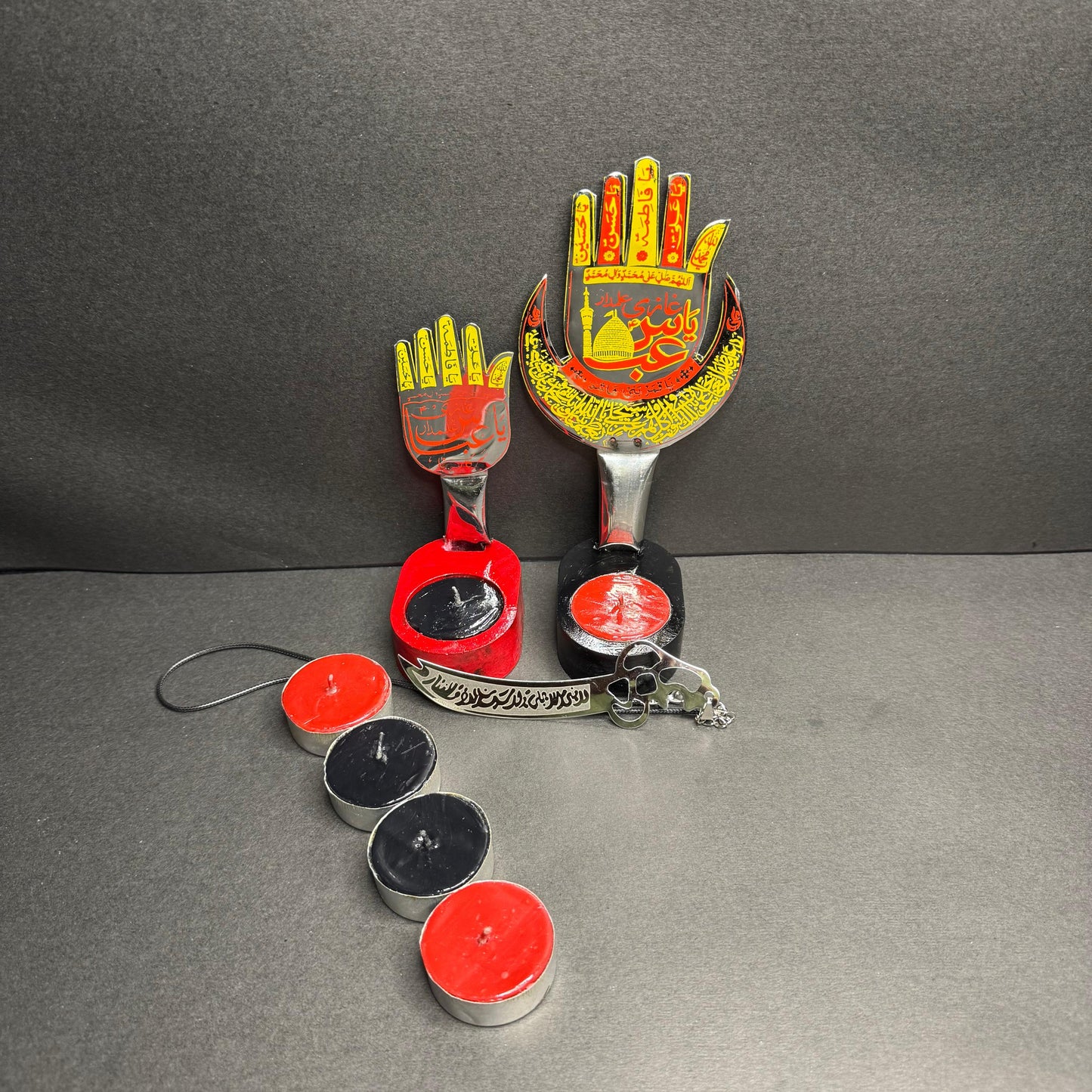 2Pc Set Panjtan Pak Candle Stand Set With Zulfikar Pendant & 6 Tea Lights