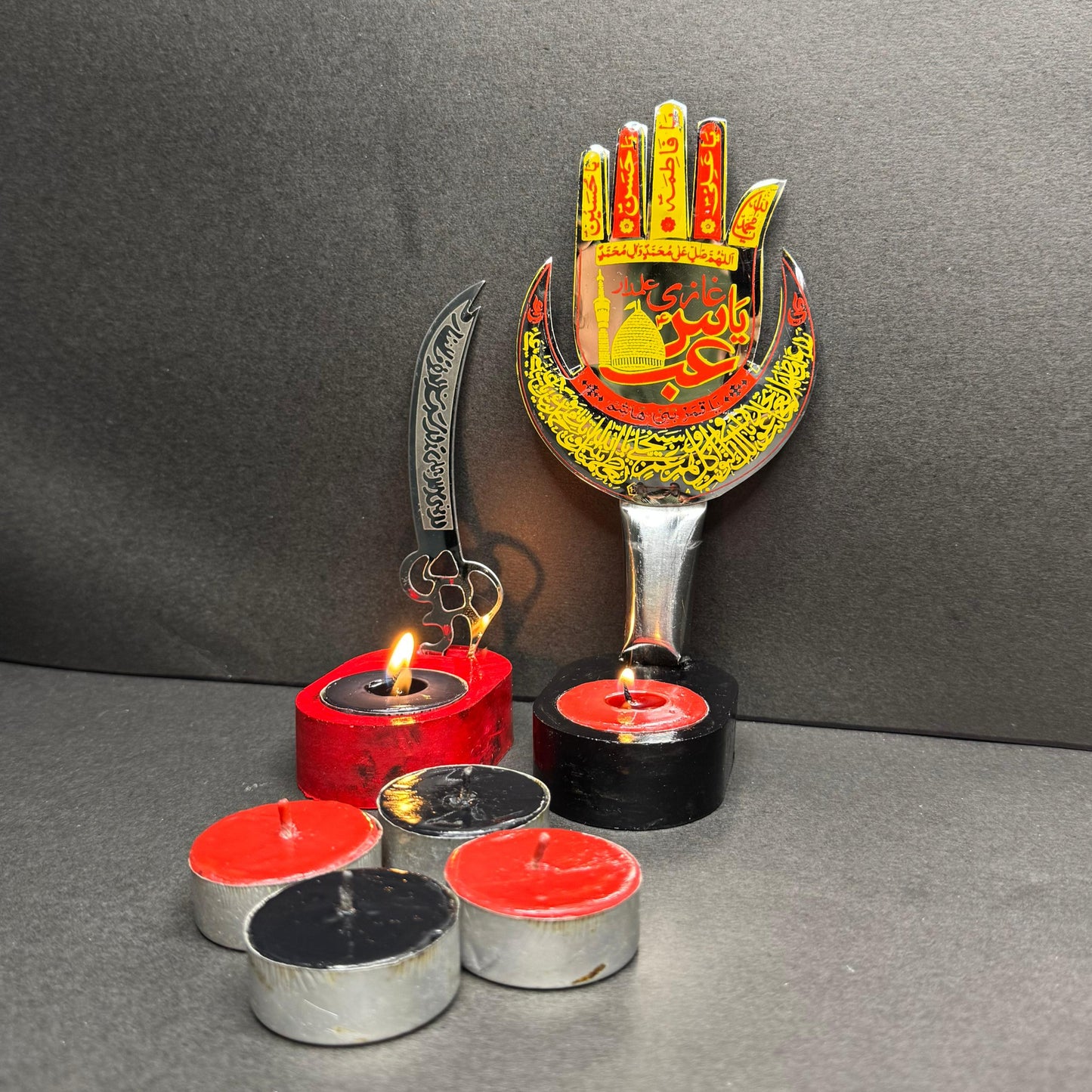 2Pc Set Panjtan Pak Candle Stand Set With Zulfikar Pendant & 6 Tea Lights