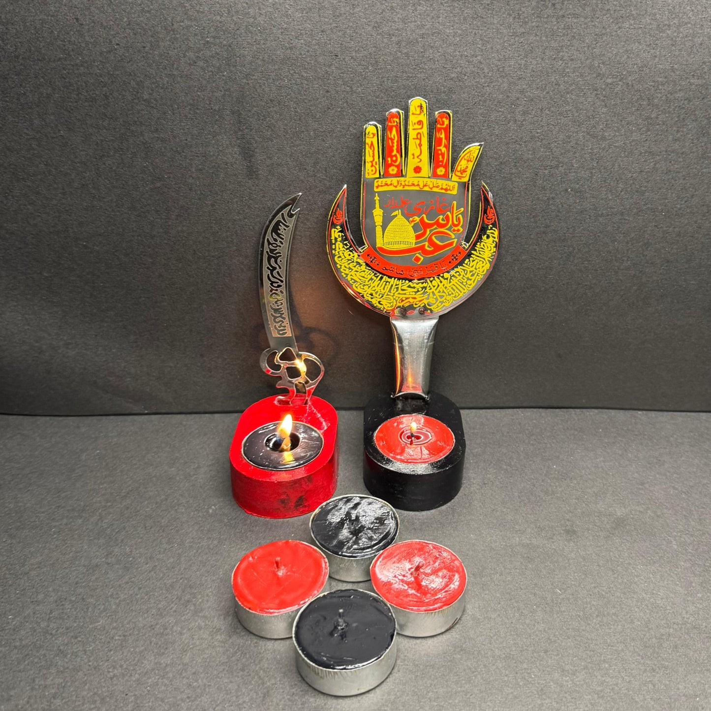 2Pc Set Panjtan Pak Candle Stand Set With Zulfikar Pendant & 6 Tea Lights