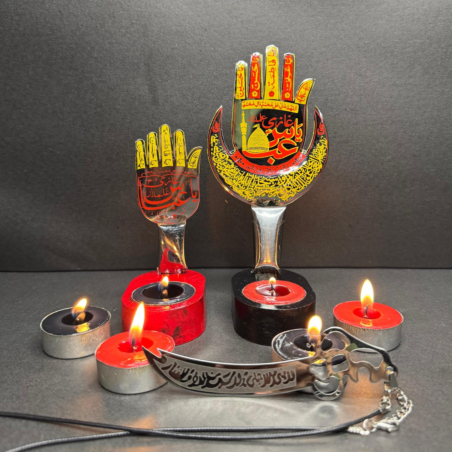 2Pc Set Panjtan Pak Candle Stand Set With Zulfikar Pendant & 6 Tea Lights