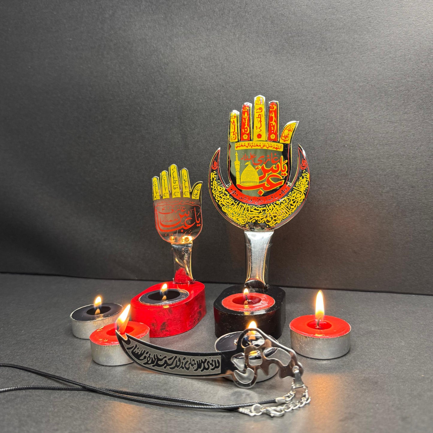 2Pc Set Panjtan Pak Candle Stand Set With Zulfikar Pendant & 6 Tea Lights