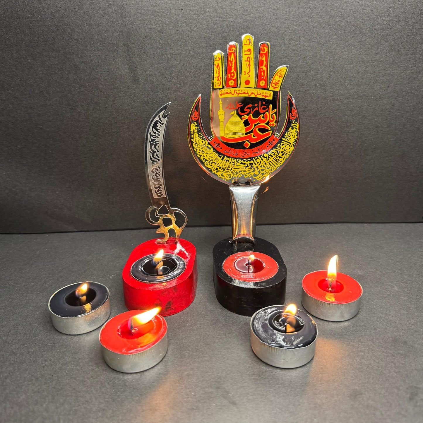 2Pc Set Panjtan Pak Candle Stand Set With Zulfikar Pendant & 6 Tea Lights