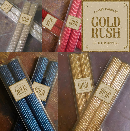 2 Glittered Ribbed Candles (Gold Rush) Size 7"